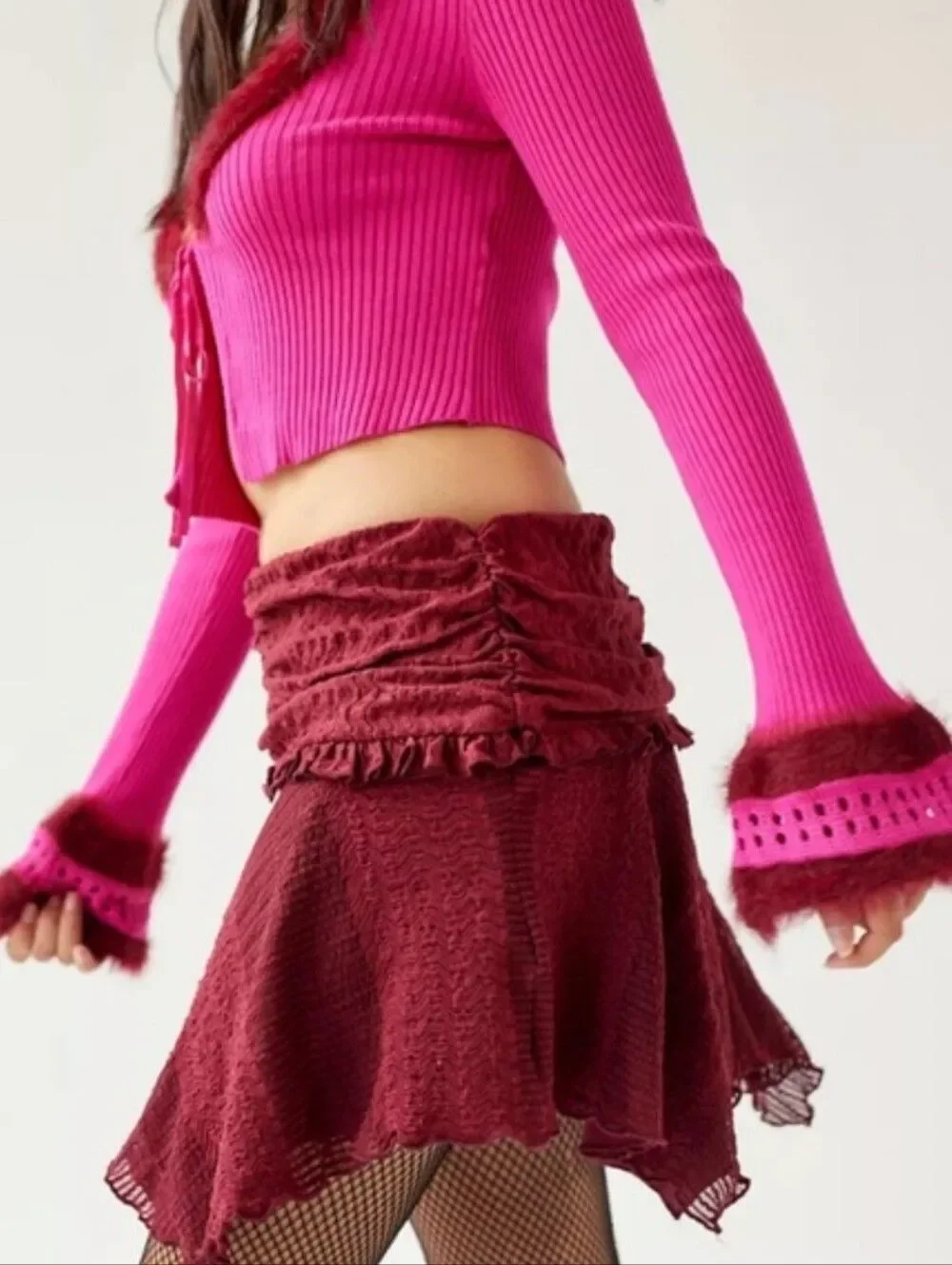 Urban Outfitters Womens Burgundy Red Cropped Ruffled Fairy Mini Skirt Medium